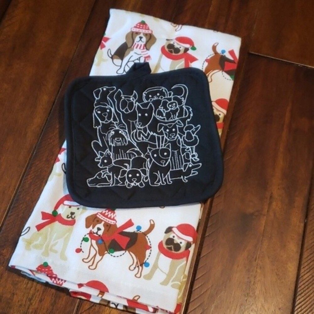 Dog lover kitchen gift set towel and embroidered pot holder dog breeds Rescue